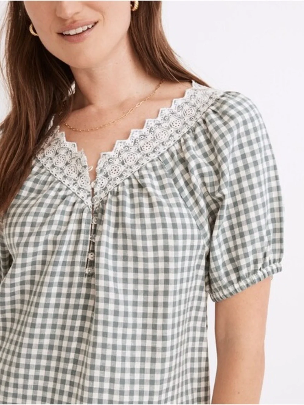 Madewell Green Gingham Linen Blend Eyelet Lace Trim Blouse Size XS